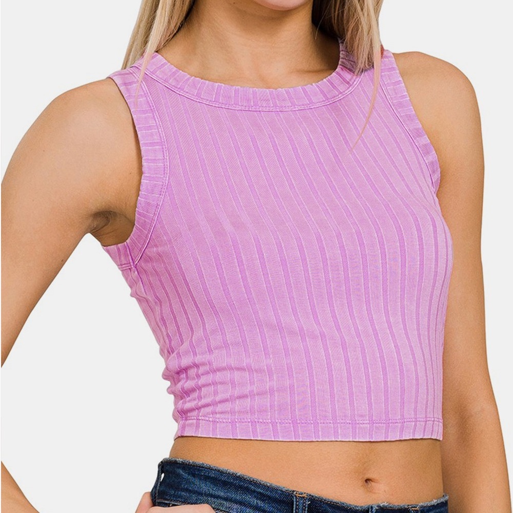 NEW Zenana Emma Hot Pink Acid Wash Ribbed Crew Neck Cropped Tank Crop Top - Picture 2 of 3